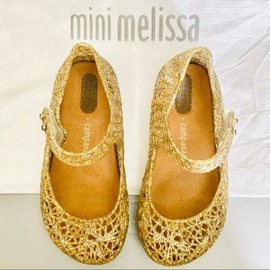 Mini Melissa Gold Sparkle Glitter Campana Papel velcro jelly flats size 9
